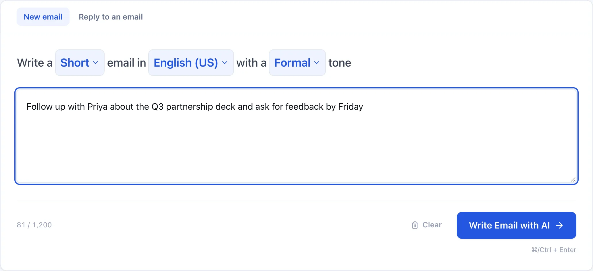 The AI email writer with a brief typed in, showing the inline length, language and tone pickers