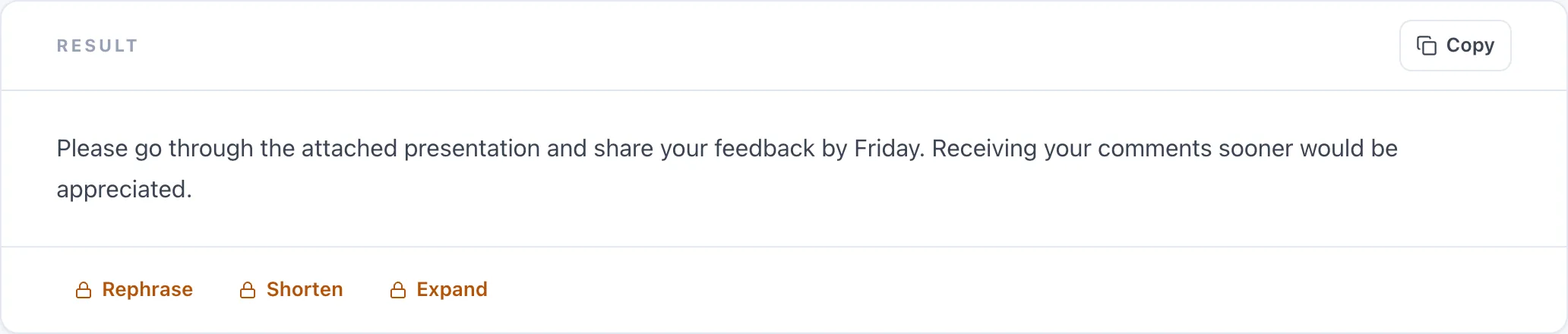 A paraphrased result with a Copy button and the Rephrase, Shorten and Expand actions