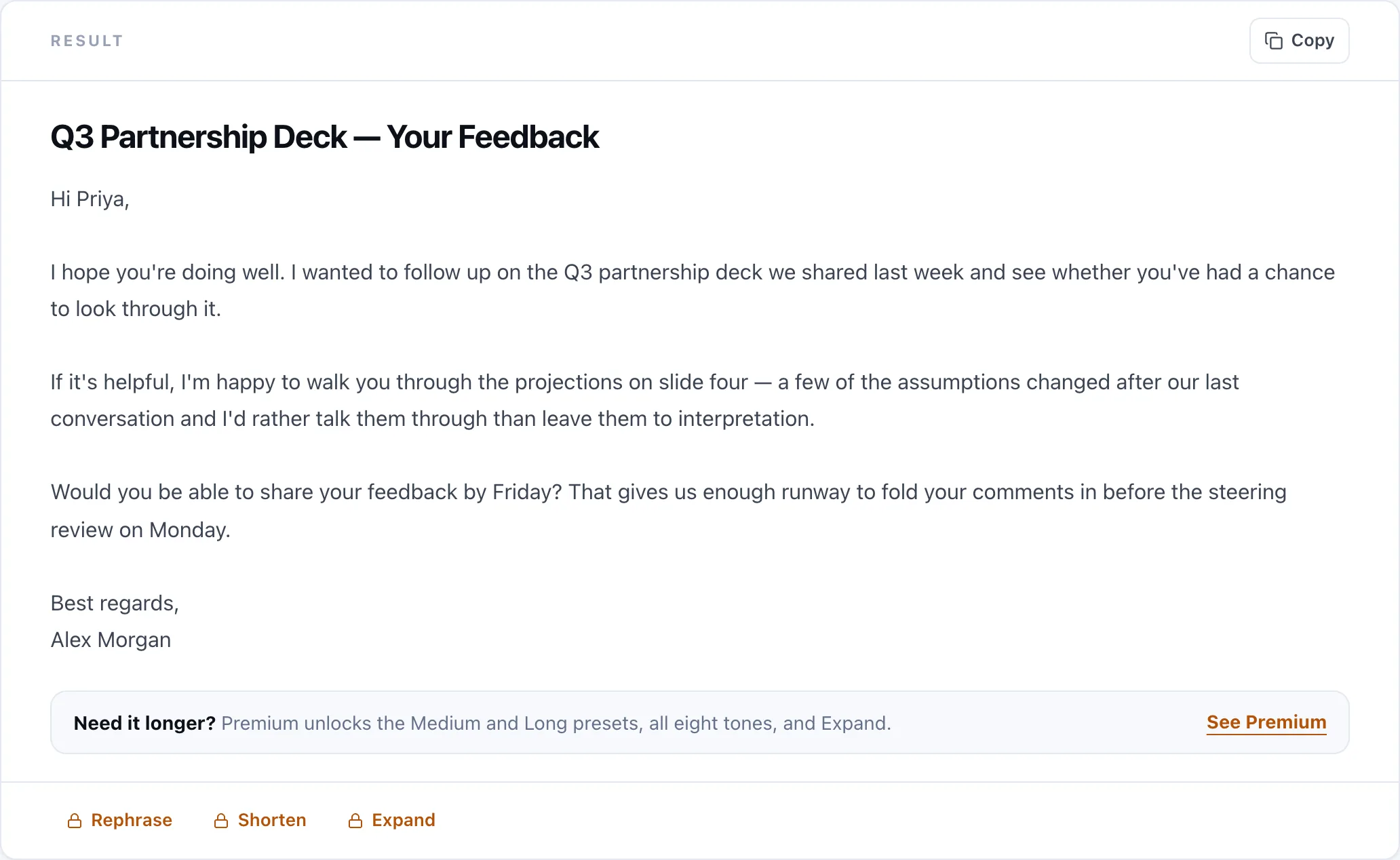 A complete generated email with subject line, full body, a Copy button, and Rephrase, Shorten and Expand actions